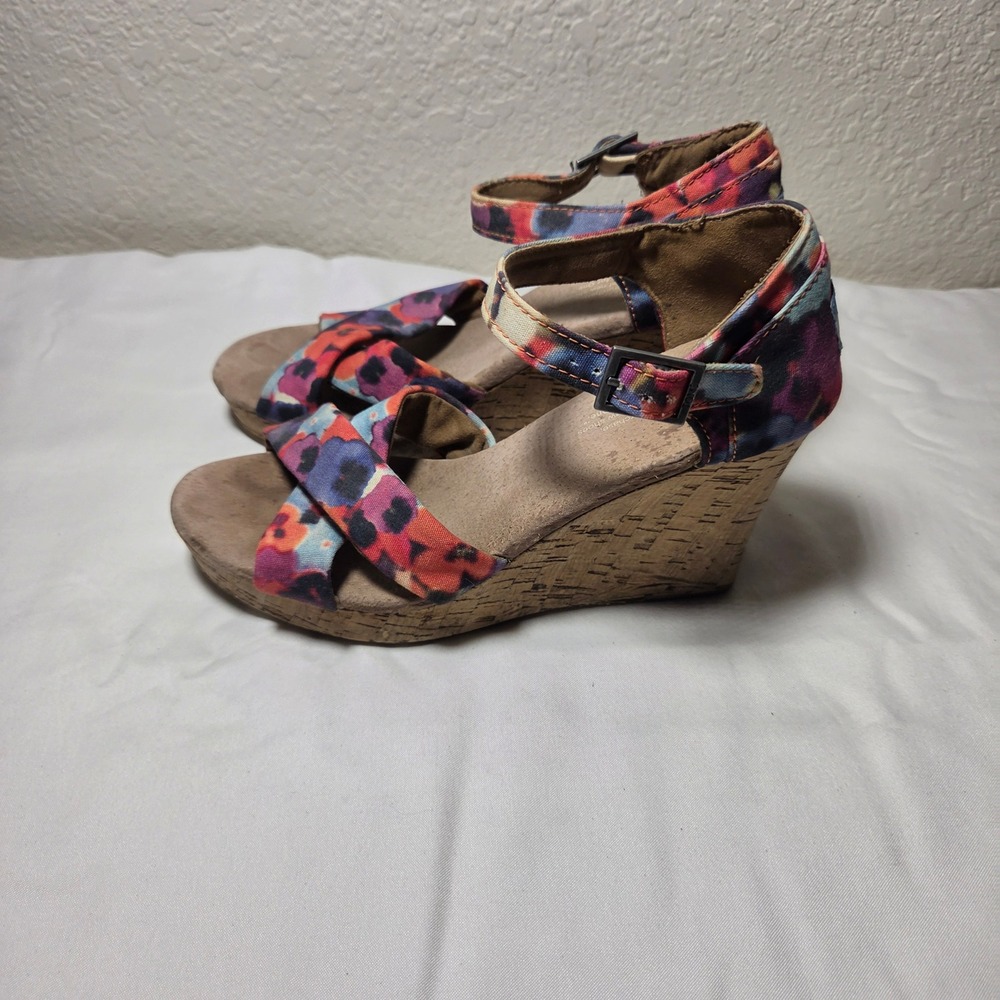 TOMS Womens Floral Canvas Cork Wedge Sandals Multi Color Strappy Ankle Strap 8